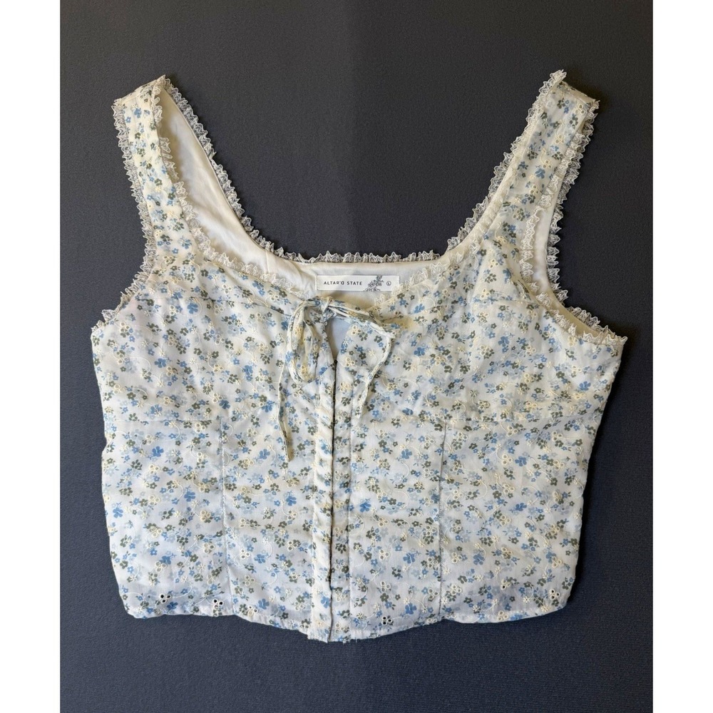 Altar'd State Floral Eyelet Corset Top Large Blue Ivory Lace Cottagecore - Flaw